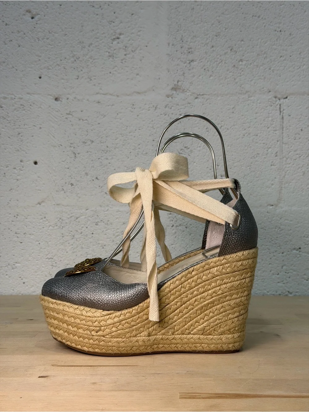 Metallic Silver Espadrille Wedge Sandals with Cream Ribbon Tie